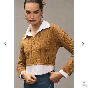 Anthropologie Pilcro Collar Cable Knit Cropped Twofer V-Neck Sweater XL